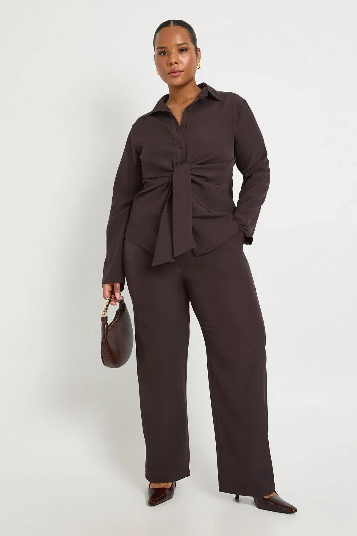 Plus Tied Front Woven Shirt And Wide Leg Trouser