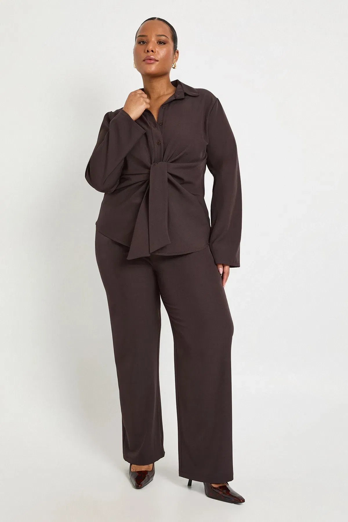 Plus Tied Front Woven Shirt And Wide Leg Trouser
