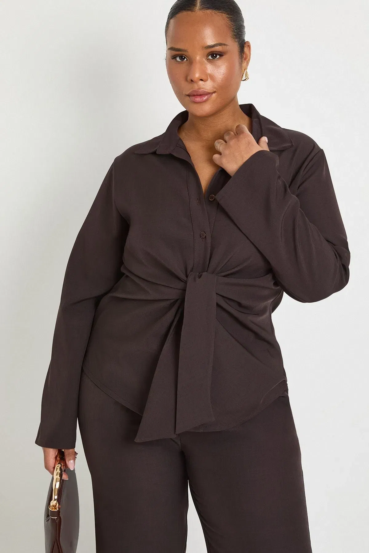 Plus Tied Front Woven Shirt And Wide Leg Trouser