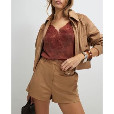 Beige Faux Suede Croc Pocket Shorts