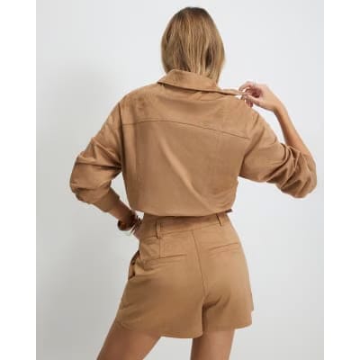 Beige Faux Suede Croc Pocket Shorts