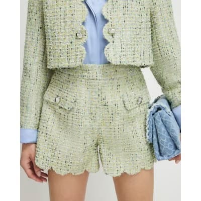 Green Scallop Trim Boucle Shorts