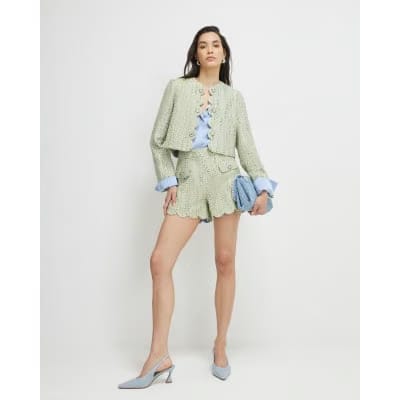 Green Scallop Trim Boucle Shorts