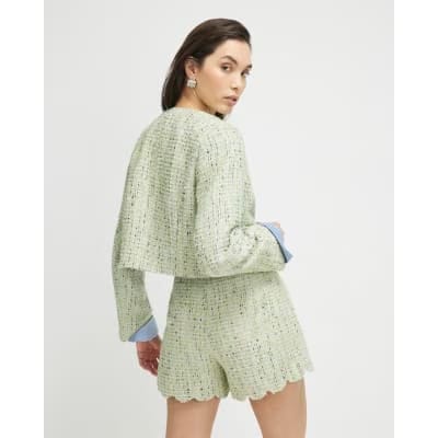 Green Scallop Trim Boucle Shorts