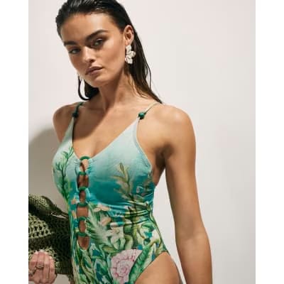 Blue Lotus Floral Print Ring Swimsuit