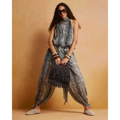 Grey Snake Halter Neck Bubble Hem Top