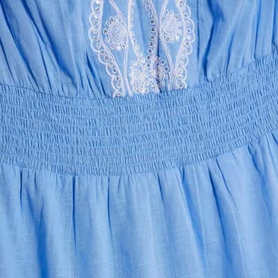 Blue Embroidered Ruffle Playsuit