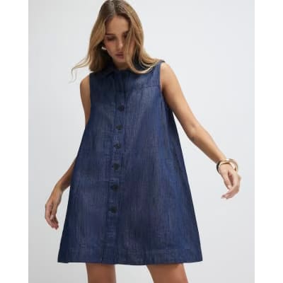 Blue Premium Linen Blend Denim Mini Dress
