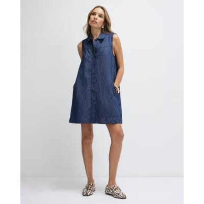 Blue Premium Linen Blend Denim Mini Dress