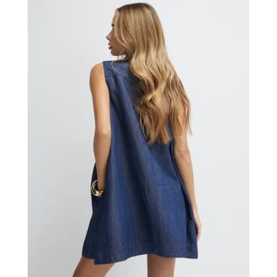 Blue Premium Linen Blend Denim Mini Dress