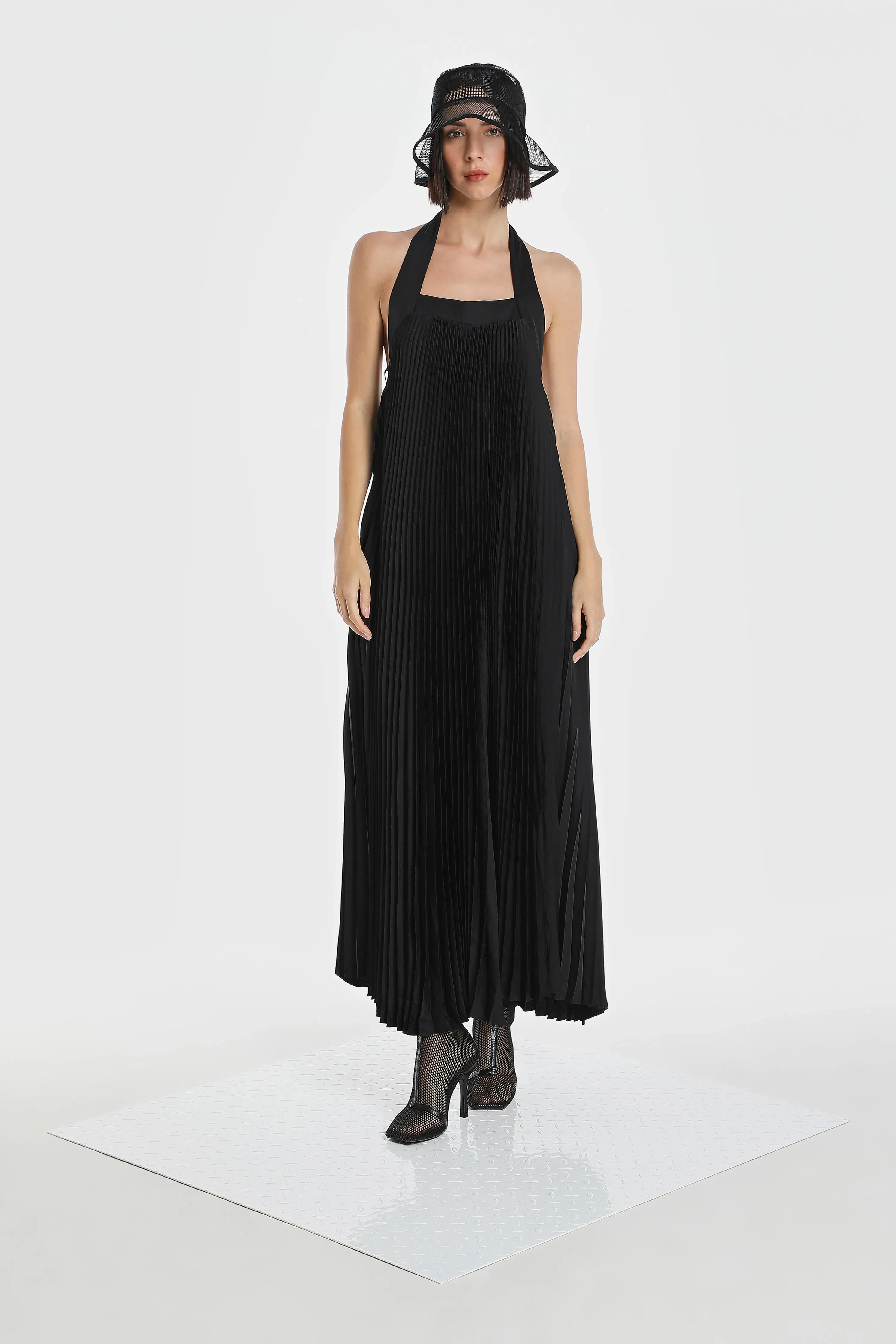HALTER ACCENT PLEATED DRESS