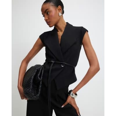 Black Sleeveless Belted Waistcoat