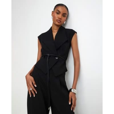 Black Sleeveless Belted Waistcoat