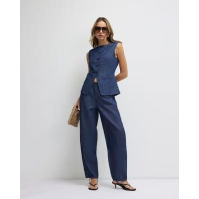 Blue Linen Blend Denim Barrel Leg Trousers