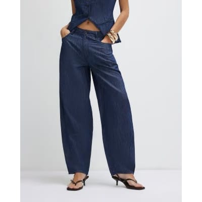 Blue Linen Blend Denim Barrel Leg Trousers