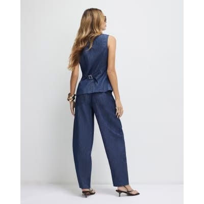 Blue Linen Blend Denim Barrel Leg Trousers