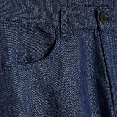 Blue Linen Blend Denim Barrel Leg Trousers