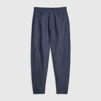 Blue Linen Blend Denim Barrel Leg Trousers