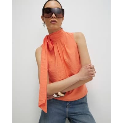 Orange Sleeveless Pussybow Blouse