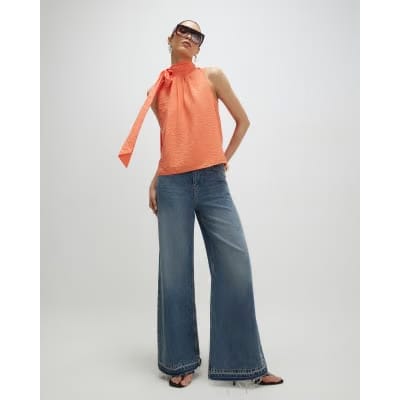 Orange Sleeveless Pussybow Blouse
