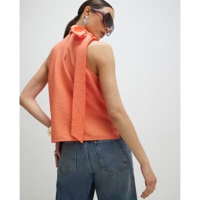 Orange Sleeveless Pussybow Blouse