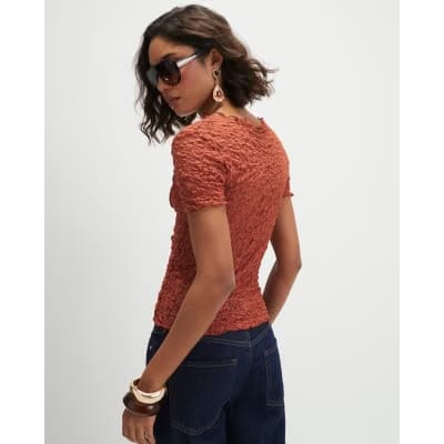 Orange Short Sleeve Lace Top
