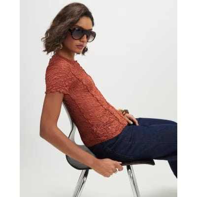 Orange Short Sleeve Lace Top