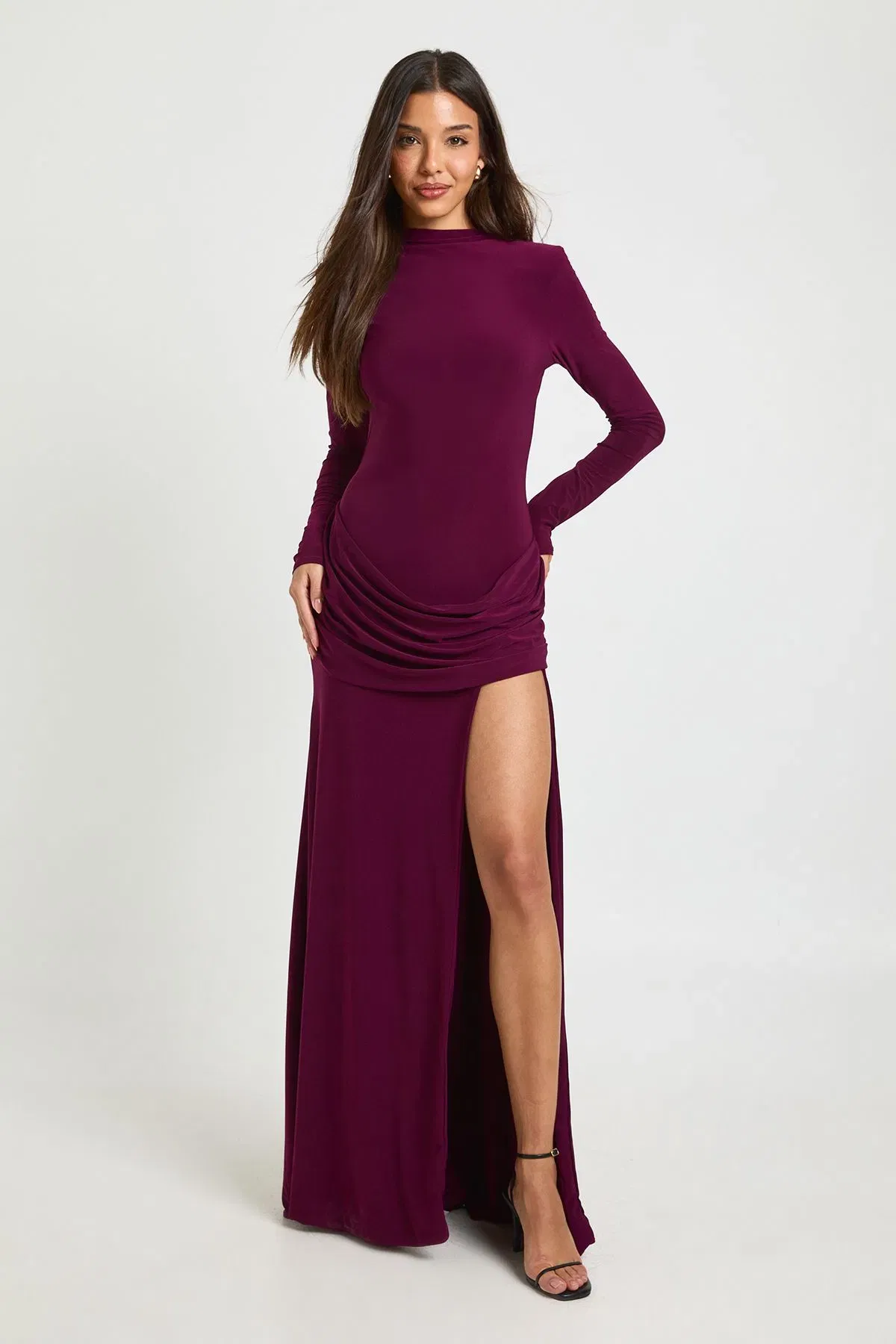 Slinky Shoulder Pad Drape Detail Maxi Dress