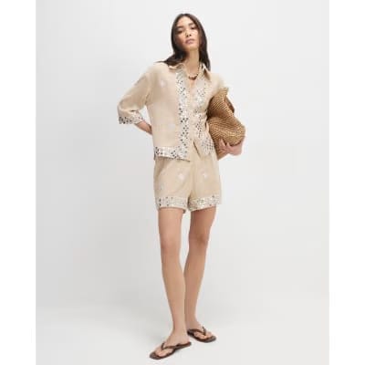 Beige Sequin Embellished Beach Shirt