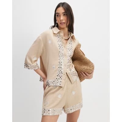 Beige Sequin Embellished Beach Shirt