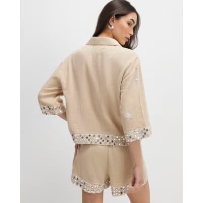 Beige Sequin Embellished Beach Shirt