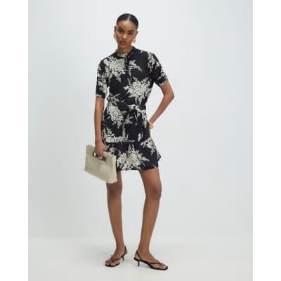 Black Floral Short Sleeve Belted Mini Dress