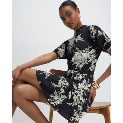 Black Floral Short Sleeve Belted Mini Dress