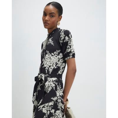 Black Floral Short Sleeve Belted Mini Dress