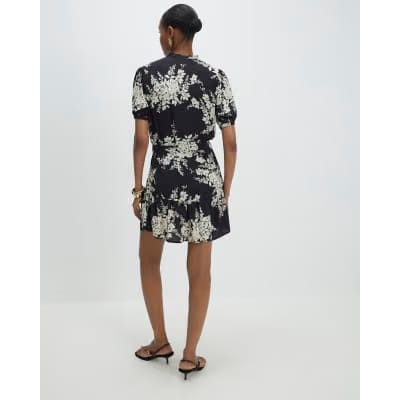 Black Floral Short Sleeve Belted Mini Dress