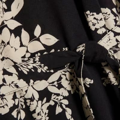 Black Floral Short Sleeve Belted Mini Dress
