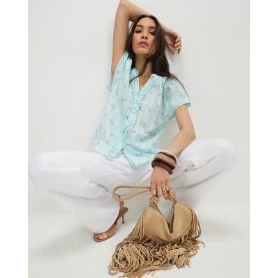 Blue Floral Frill Short Sleeve Blouse