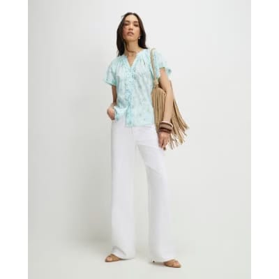 Blue Floral Frill Short Sleeve Blouse
