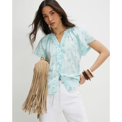 Blue Floral Frill Short Sleeve Blouse