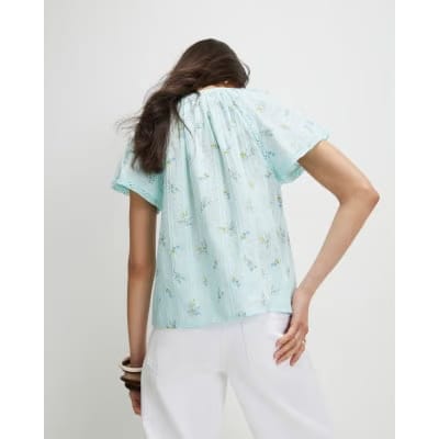 Blue Floral Frill Short Sleeve Blouse
