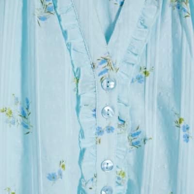 Blue Floral Frill Short Sleeve Blouse
