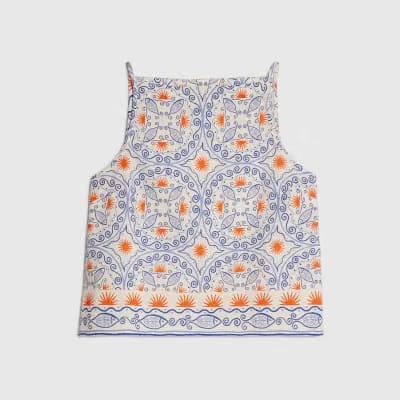 Blue Printed Linen Blend Tank Top