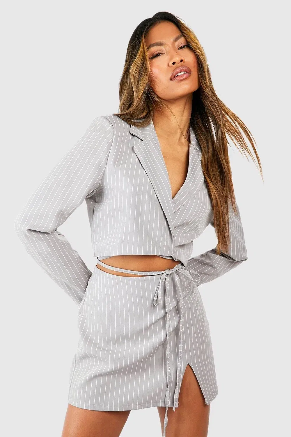 Pinstripe Split Front Micro Mini Skirt