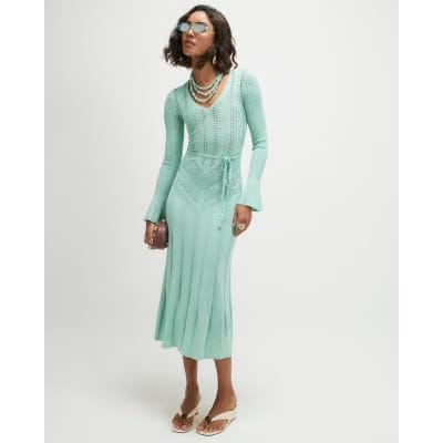 Blue Metallic Flare Knitted Midi Dress