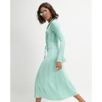 Blue Metallic Flare Knitted Midi Dress
