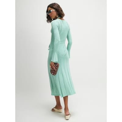 Blue Metallic Flare Knitted Midi Dress