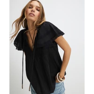 Black Ruffle Sleeve Lace Blouse