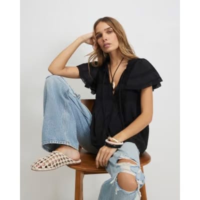 Black Ruffle Sleeve Lace Blouse