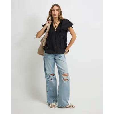 Black Ruffle Sleeve Lace Blouse