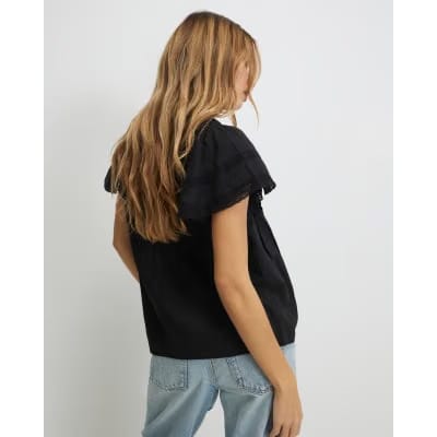 Black Ruffle Sleeve Lace Blouse
